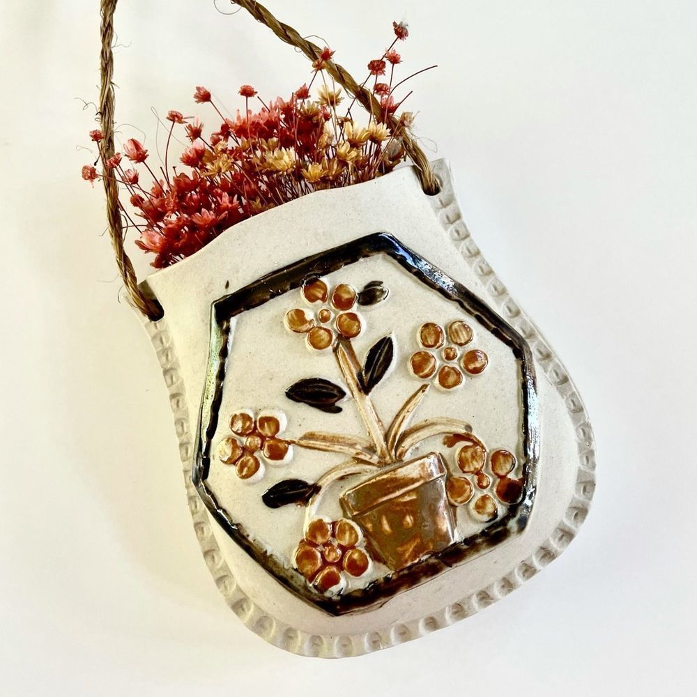 Vintage 70s Ceramic Wall Pocket, Flower Pot Motif, Earth-tones, Flower c…